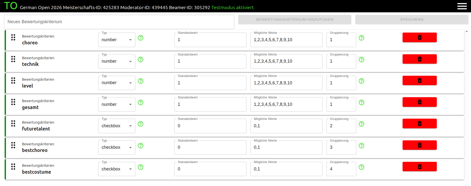 Bewertungskriterien einstellen