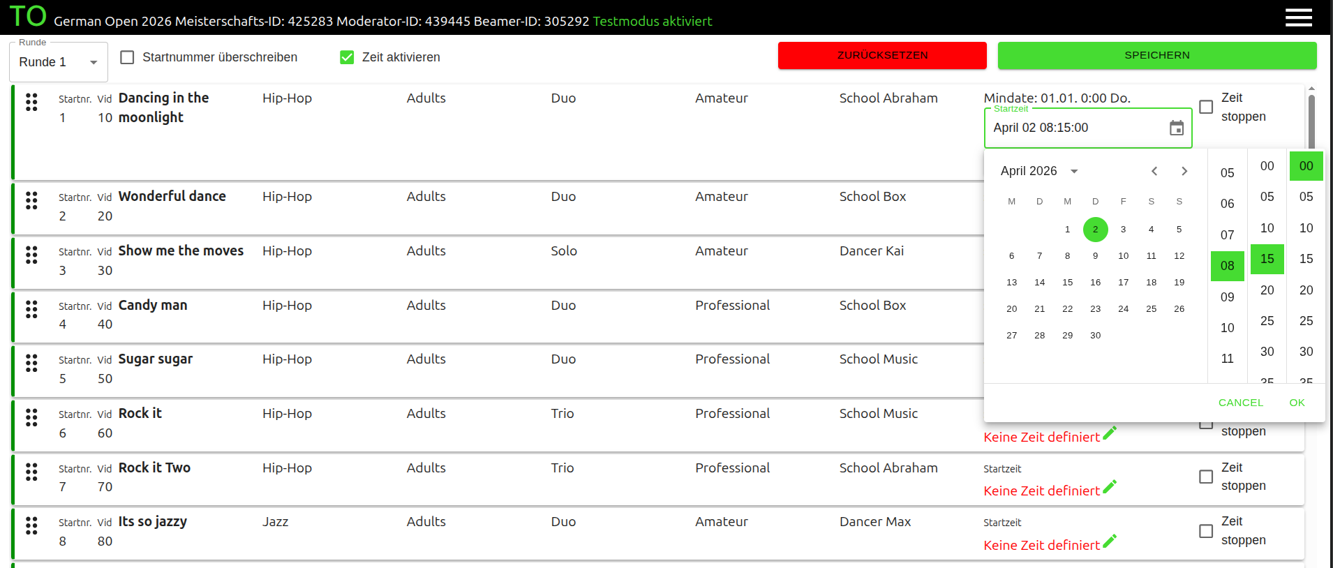 Startliste mit Zeiten erstellen